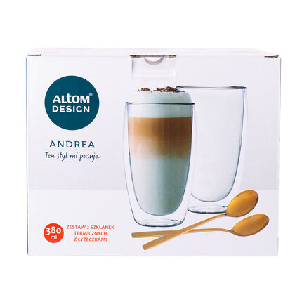 Altom design Andrea set van 2 dubbelwandige glazen van gehard glas met 2 gouden theelepels 380 ml