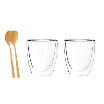 Altom design Andrea set van 2 dubbelwandige glazen van gehard glas 300 ml met 2 gouden theelepels