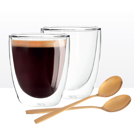 Altom design Andrea set van 2 dubbelwandige glazen van gehard glas 300 ml met 2 gouden theelepels