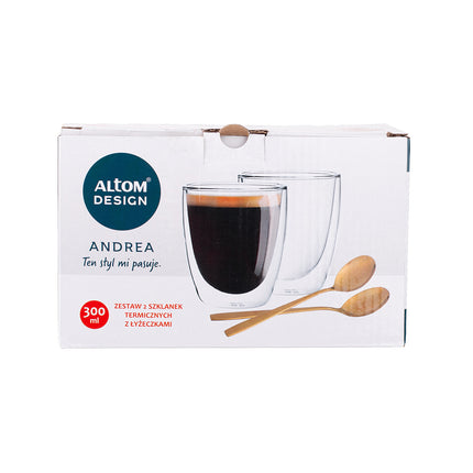 Altom design Andrea set van 2 dubbelwandige glazen van gehard glas 300 ml met 2 gouden theelepels