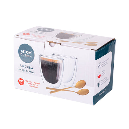 Altom design Andrea set van 2 dubbelwandige glazen van gehard glas 300 ml met 2 gouden theelepels