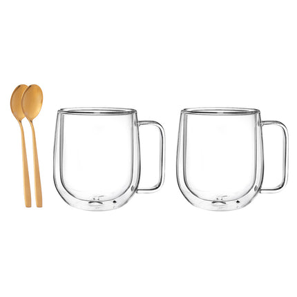 Altom design Andrea set van 2 dubbelwandige glazen met oor van gehard glas 300 ml met 2 gouden theelepels