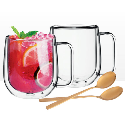 Altom design Andrea set van 2 dubbelwandige glazen met oor van gehard glas 300 ml met 2 gouden theelepels