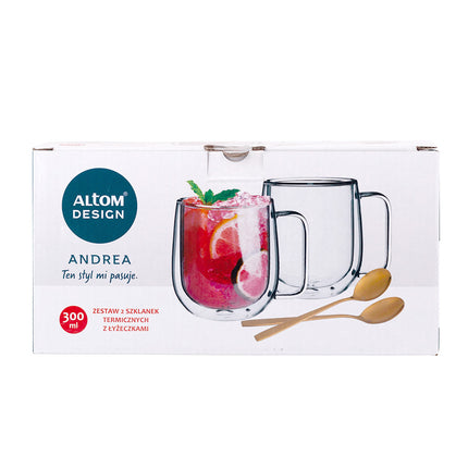 Altom design Andrea set van 2 dubbelwandige glazen met oor van gehard glas 300 ml met 2 gouden theelepels