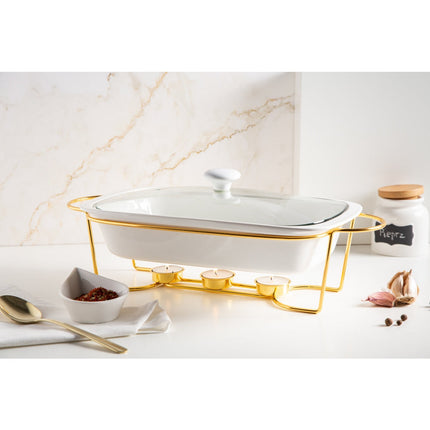 Altom chafing dish en warmhoudbak van porselein rechthoek 1.7L goud / wit