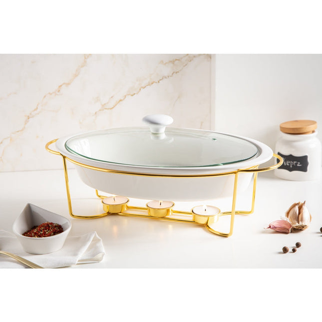 Altom Chafing Dish Buffetwarmer Ovaal 1.4L - Warmhoudplaat - Warmhoudbak Porselein - Goud/Wit