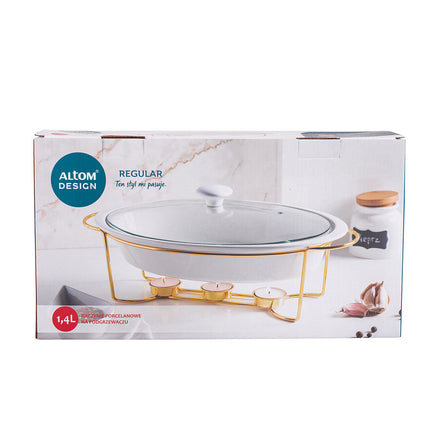 Altom Chafing Dish Buffetwarmer Ovaal 1.4L - Warmhoudplaat - Warmhoudbak Porselein - Goud/Wit