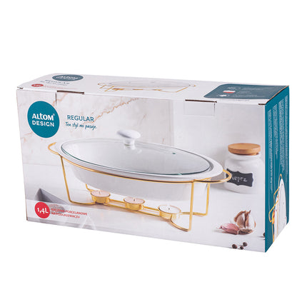 Altom Chafing Dish Buffetwarmer Ovaal 1.4L - Warmhoudplaat - Warmhoudbak Porselein - Goud/Wit