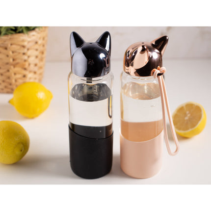Altom design glazen waterfles of drinkfles voor kinderen en volwassenen met kattendop zwart