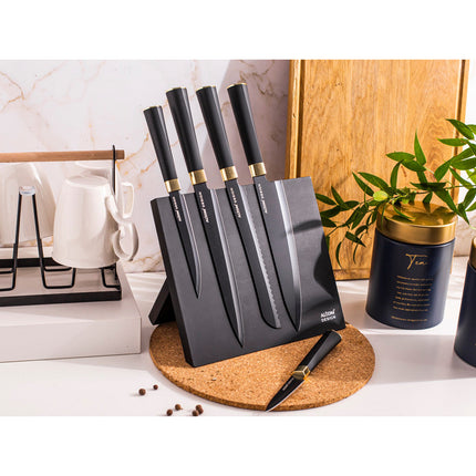 Altom Design zwart magnetisch messenblok met 5 zwarte messen met gouden detail