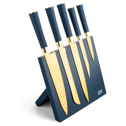 Altom Design blauw magnetisch messenblok met 5 gouden messen