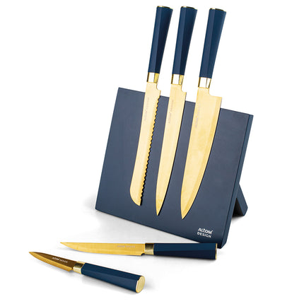 Altom Design blauw magnetisch messenblok met 5 gouden messen