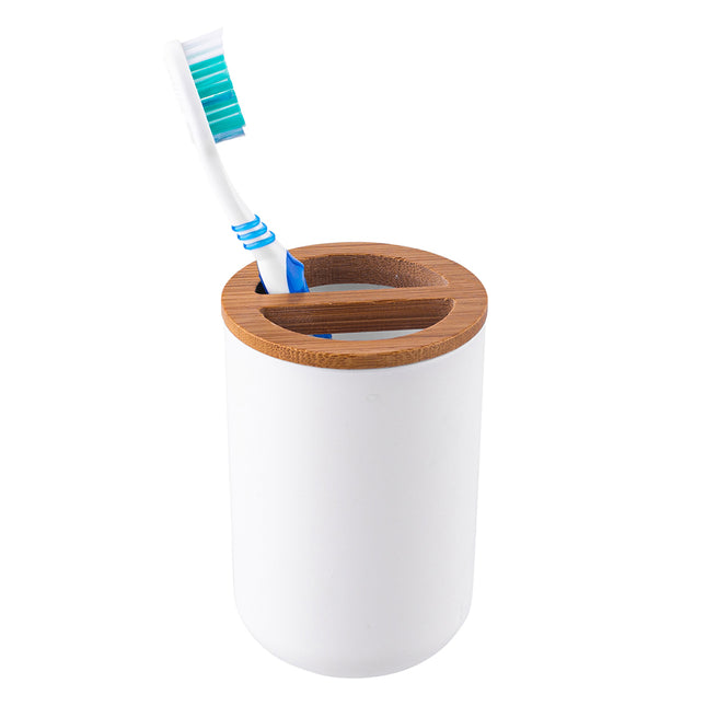 Altom Design tandenborstelhouder bamboe 7 x 7 x 10,5 cm wit bruin
