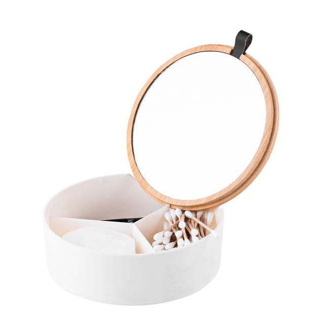 Altom Design juwelendoos / sieradendoos met spiegel bamboe 14 x 14 x 5 cm wit bruin