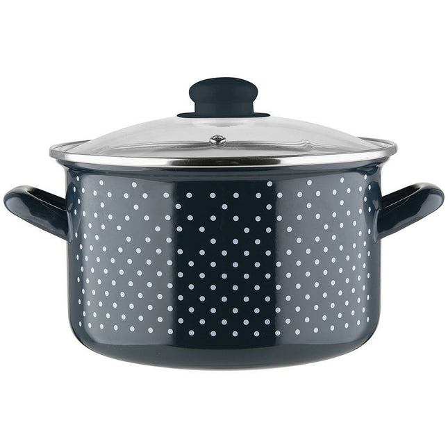 Emalia ''Retro Dark Blue'' klassieke geëmailleerde kookpan met glazen deksel 20 cm 4.1L donkerblauw / wit