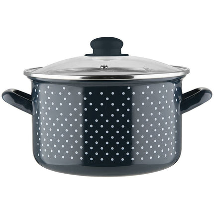 Emalia ''Retro Dark Blue'' klassieke geëmailleerde kookpan met glazen deksel 22 cm 5.3L donkerblauw / wit