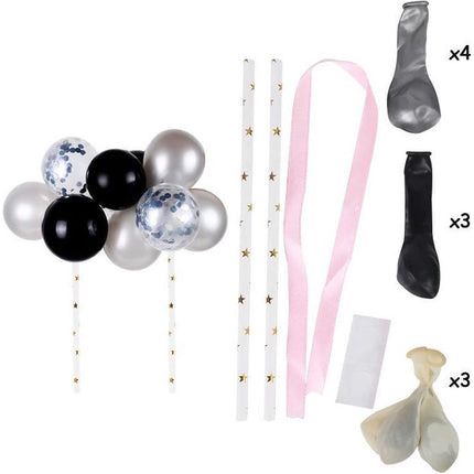 Cake topper ballonnen taart versiering zilver – zwart 10 ballonnen