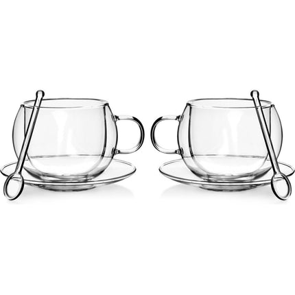 Affekdesign set van 2 dubbelwandige thee of koffie glazen met schotel en lepel 250ml