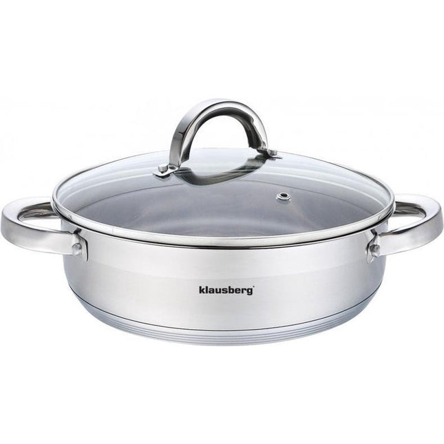 Klausberg KB-7172 lage kookpan met glazen deksel RVS 24 x 8cm 3.5L zilver