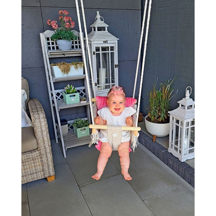 Luxe houten handgemaakte linnen babyschommel/ kinderschommel met roze kussen