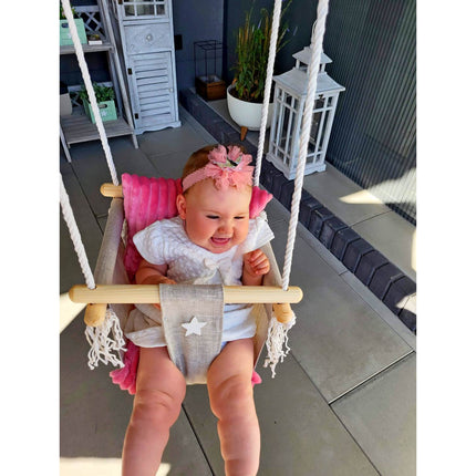 Luxe houten handgemaakte linnen babyschommel/ kinderschommel met roze kussen