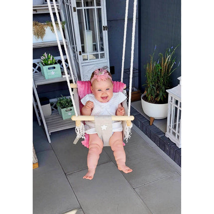 Luxe houten handgemaakte linnen babyschommel/ kinderschommel met roze kussen