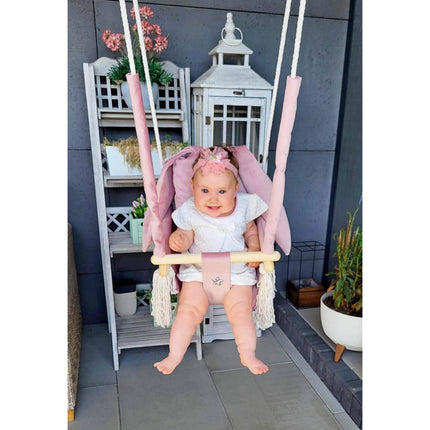 Luxe houten konijn handgemaakte licht grijze babyschommel/ kinderschommel met konijn oor vormig kussen