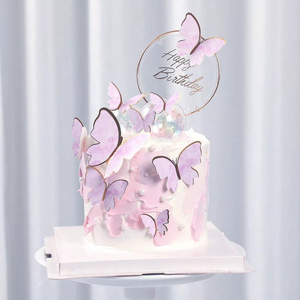 Cake topper decoratie vlinders met prikkers 10 stuks goud/roze