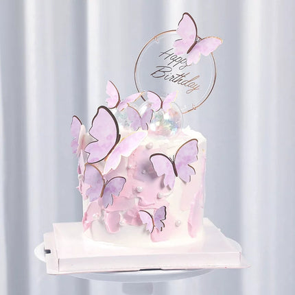 Cake topper decoratie vlinders met prikkers 10 stuks goud/paars