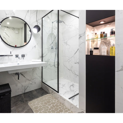 Homely luxe 3 delige badkamermatten set met antislip - toilet badkamer wc bril mat - TR-6 3D stone look crème