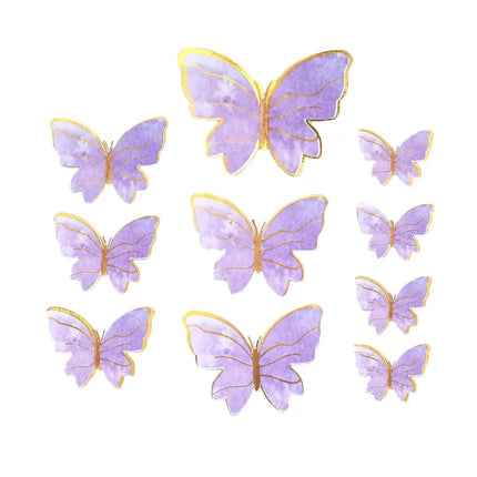 Cake topper decoratie vlinders met prikkers 10 stuks goud/paars