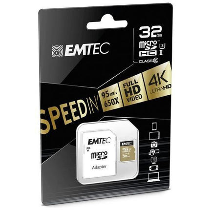 Emtec MicroSDHC 32GB SpeedIn CL10 95MB/s FullHD 4K UltraHD zwart/goud