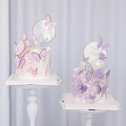 Cake topper decoratie vlinders met prikkers 10 stuks goud/paars