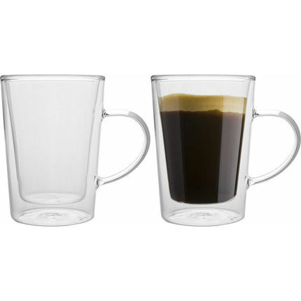 Florina set van 2 dubbelwandige koffie of thee glazen van gehard glas met oor 340ML