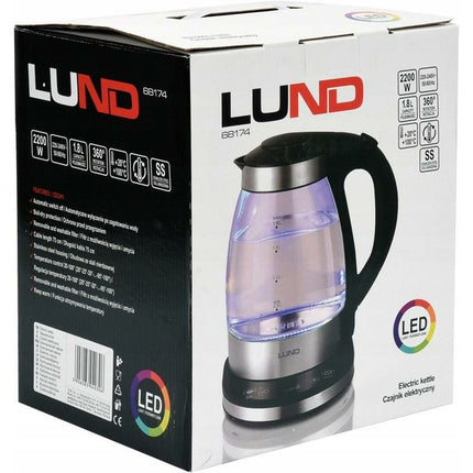 Lund glazen waterkoker LED met temperatuur regeling 1.8L 2200W 68174 zwart / zilver