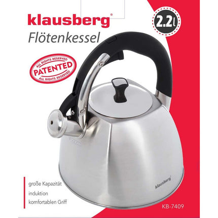 Klausberg KB-7409 fluitketel geborsteld RVS zilver 2.2 Liter - ook geschikt voor inductie