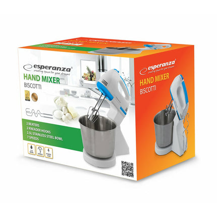 Esperanza handmixer ''Biscotti''met kom 2.5L 7 snelheden wit/blauw