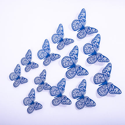 Cake topper decoratie vlinders - muur decoratie met plakkers 12 stuks blauw VL-03