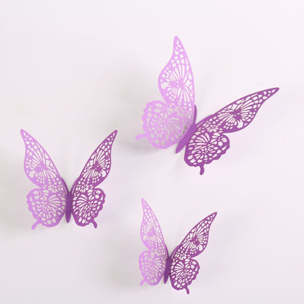 Cake topper decoratie vlinders - muur decoratie met plakkers 12 stuks paars VL-02