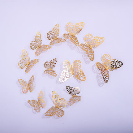 Cake topper decoratie vlinders - muur decoratie met plakkers 12 stuks goud VL-03