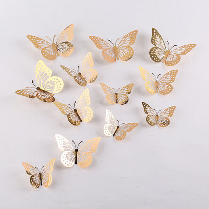 Cake topper decoratie vlinders - muur decoratie met plakkers 12 stuks goud VL-01