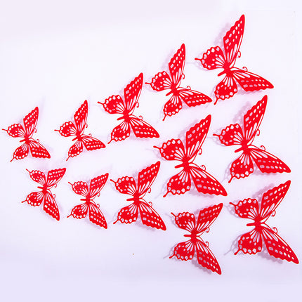 Cake topper decoratie vlinders - muur decoratie met plakkers 12 stuks rood VL-04