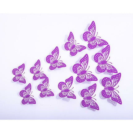 Cake topper decoratie vlinders - muur decoratie met plakkers 12 stuks paars VL-01