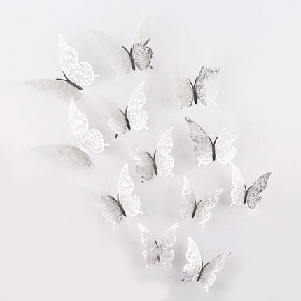 Cake topper decoratie vlinders - muur decoratie met plakkers 12 stuks zilver VL-02