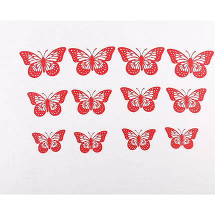 Cake topper decoratie vlinders - muur decoratie met plakkers 12 stuks rood VL-01