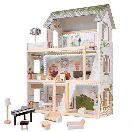 Zeer luxe grote houten poppenhuis/ speelhuis met meubels in boho stijl met LED verlichting78 cm