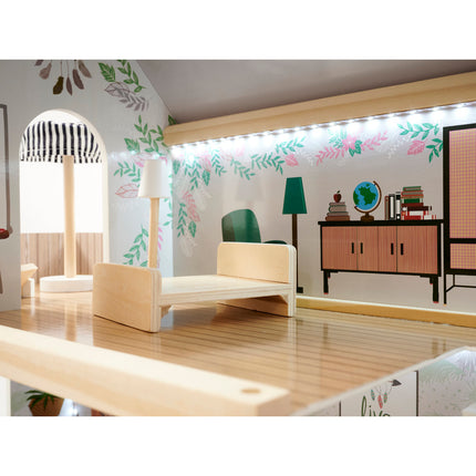 Zeer luxe grote houten poppenhuis/ speelhuis met meubels in boho stijl met LED verlichting78 cm