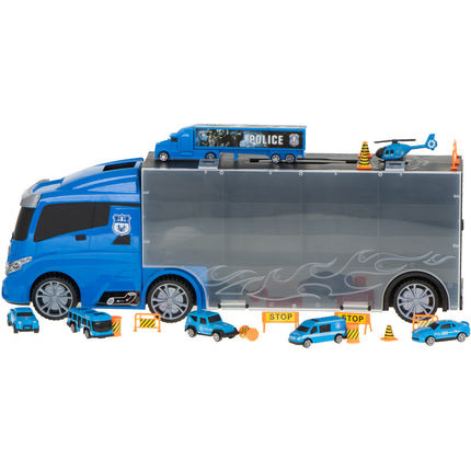 20 delige Politie truck vrachtwagen met auto opberger en launcher 57cm blauw