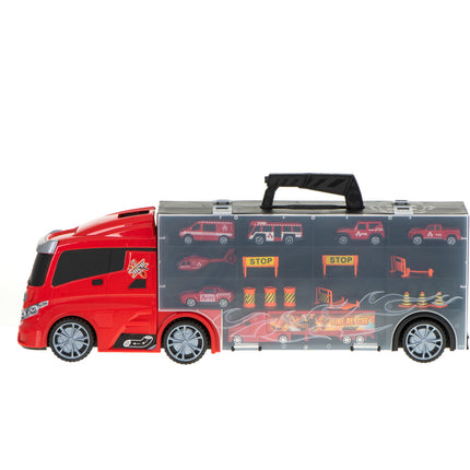 20 delige Brandweer truck vrachtwagen met auto opberger en launcher 57cm rood