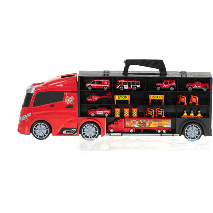 20 delige Brandweer truck vrachtwagen met auto opberger en launcher 57cm rood